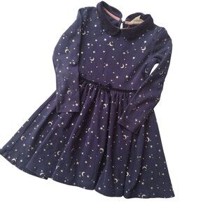 Mini Boden Girls Star Moon Print Dress 6-7Y Navy Knit Long Sleeve Cute